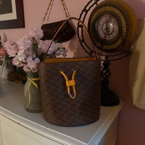 Karl Lagerfeld Brown Bucket Bag with Yellow Drawstring BNWT
